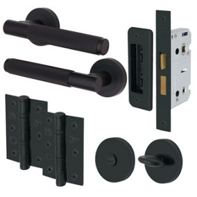 EAI - Knurled Bathroom Lock Door Handle Kit - 66mm Case & 76mm Hinge - Matt Black
