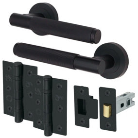 EAI - Knurled Latch Door Handle Kit - 66mm Latch & 76mm Hinge - Matt Black