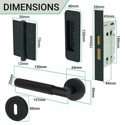 EAI - Knurled Sash Lock Door Handle Kit - 66mm Case & 76mm Hinge - Matt Black