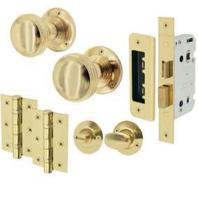 EAI - Lined Mortice Door Knobs and Bathroom Lock Kit - 55mm - Polished Brass