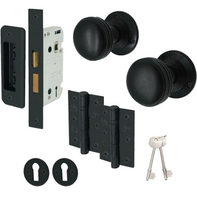 EAI - Lined Mortice Door Knobs and Sash Lock Kit - 55mm - Matt Black