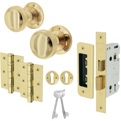 EAI - Lined Mortice Door Knobs and Sash Lock Kit - 55mm - Polished Brass