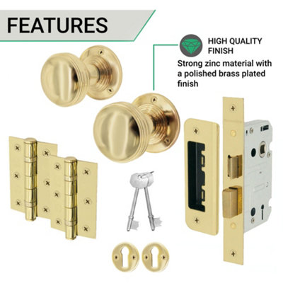 EAI - Lined Mortice Door Knobs and Sash Lock Kit - 55mm - Polished Brass