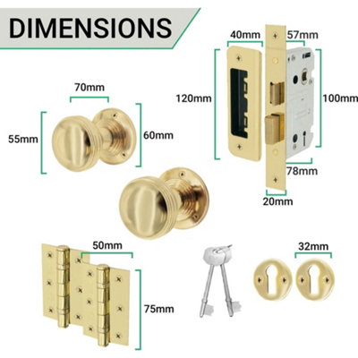 EAI - Lined Mortice Door Knobs and Sash Lock Kit - 55mm - Polished Brass