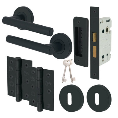 EAI Matt Black Door Handle T-Bar Lever on Rose Lock Kit / Pack - 64mm Sash Lock & 76mm Hinges Price Comparisons | Compare The Build