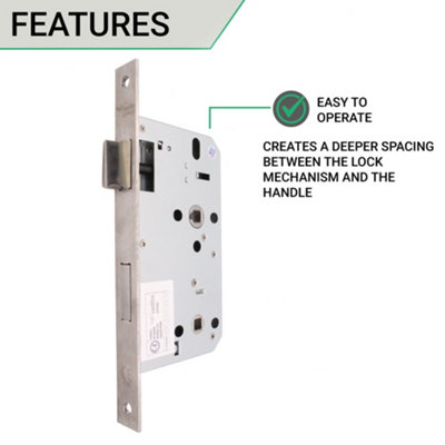 EAI Mortice Bathroom Lock DIN Standard - 90mm Case 64mm Backset - Satin Stainless Steel