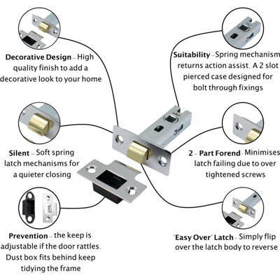 EAI - Mortice Tubular Door Latch Quality Bolt Through Type With Smart Strike Keep - 2.5" - Polished Chrome - Pack of 1 Latch