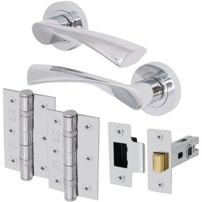 EAI - Polished Door Handles Swept Lever on Rose Latch Kit / Pack - 66mm Latch - 76mm Hinges - Polished Chrome