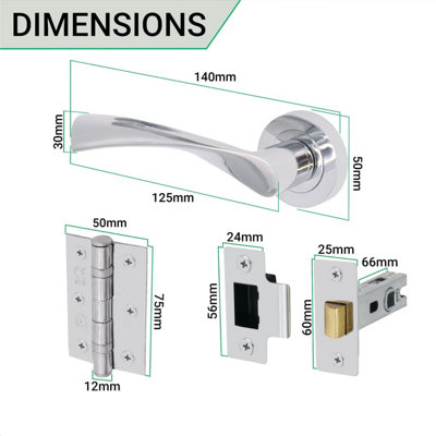 EAI - Polished Door Handles Swept Lever on Rose Latch Kit / Pack - 66mm Latch - 76mm Hinges - Polished Chrome