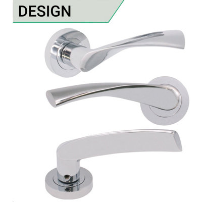 EAI - Polished Door Handles Swept Lever on Rose Latch Kit / Pack - 66mm Latch - 76mm Hinges - Polished Chrome