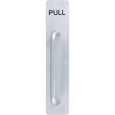 EAI Pull Handle On PULL Engraved Plate 300x19mm Pull on 375x75x3mm Plate - SAA Satin Aluminium