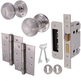 EAI - Reeded Lock Door Knob Kit - Satin Chrome - Knob 55mm - Lock 80mm - Hinge 102mm