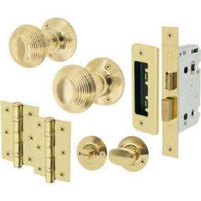 EAI - Reeded Mortice Door Knobs and Bathroom Lock Kit - 55mm - Polished Brass