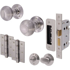 EAI - Reeded Mortice Door Knobs and Bathroom Lock Set - Satin Chrome - Knob 55mm - Lock 80mm - Hinge 102mm