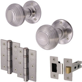 EAI - Reeded Mortice Door Knobs and Latch Set - Satin Chrome - Knob 55mm - Latch 76mm - Hinge 102mm