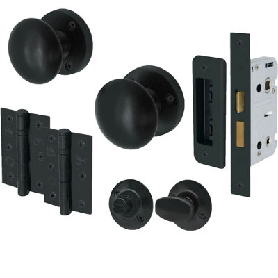 EAI - Round Mortice Door Knobs and Bathroom Lock Kit - 55mm - Matt Black