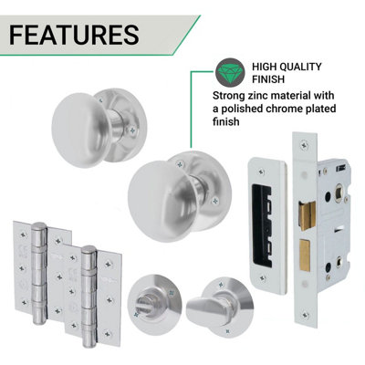 EAI - Round Mortice Door Knobs and Bathroom Lock Kit - 55mm - Polished Chrome
