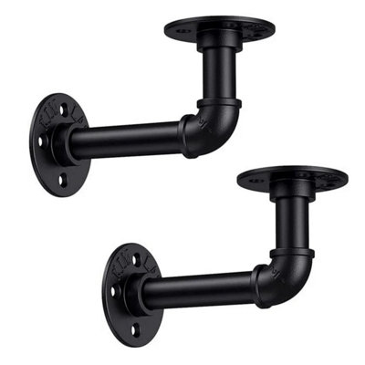 EAI Rustic Pipe Shelf Brackets Cast Iron - Pair / 2 Industrial Brackets - Dual Projection 100/160mm - Matt Black