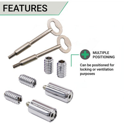 EAI Sash Window Stop Set with Ventilation Restrictor Feature With Keys  - Polished Chrome