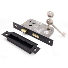 EAI Sashlock 65mm / 44mm Backset BLACK 3 lever for Internal Wooden Door 2 Keys CE UKCA & Fire Door Approved Anti Rattle Keep