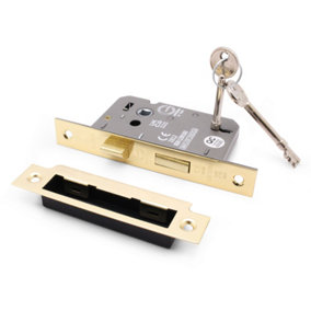EAI Sashlock 65mm / 44mm Backset PVD BRASS 3 lever for Internal Wooden Door 2 Keys CE UKCA & Fire Door Approved Anti Rattle Keep