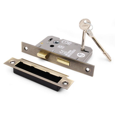 EAI Sashlock 80mm / 57mm Backset ANTIQUE BRASS 3 lever Internal Door 2 Keys CE UKCA & Fire Door Approved Anti Rattle Keep