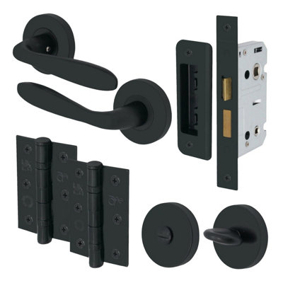 EAI - Sassari Lever on Rose Handle Bathroom Kit / Pack - 64mm Bathroom Lock - 76mm Hinge - Matt Black