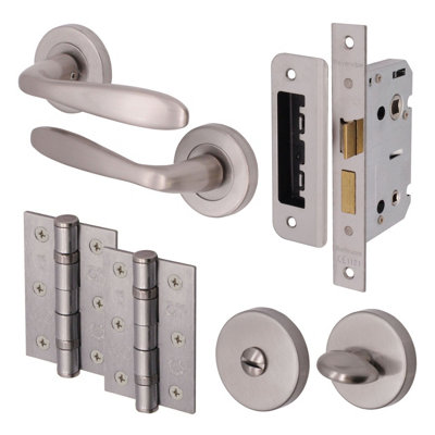 EAI - Sassari Lever on Rose Handle Bathroom Kit / Pack -  64mm Sash Lock & 76mm Hinge - Satin Nickel