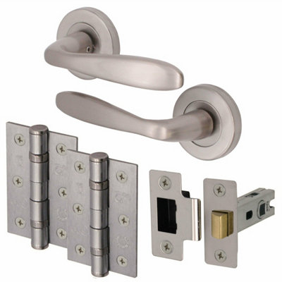 EAI - Sassari Lever on Rose Handle Latch Kit / Pack - 64mm Latch & 76mm Hinges  -  Satin Nickel