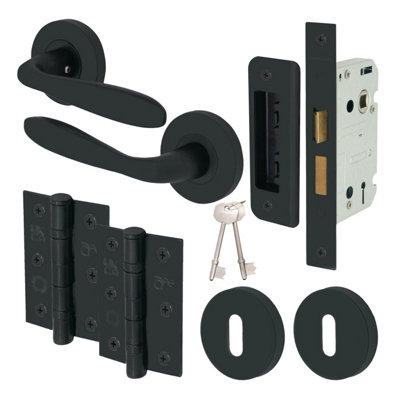 EAI - Sassari Lever on Rose Handle Lock Kit / Pack - 64mm Sash Lock  - 76mm Hinges - Matt Black