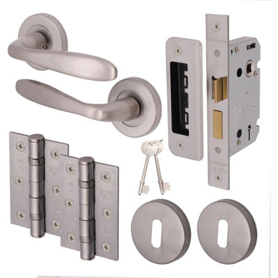EAI - Sassari Lever on Rose Handle Lock Kit / Pack - 64mm Sash Lock & 76mm Hinges - Satin Nickel Price Comparisons | Compare The Build