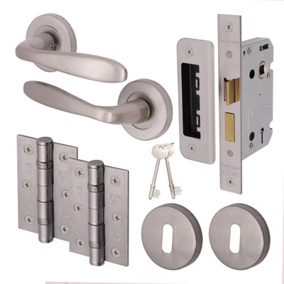 EAI - Sassari Lever on Rose Handle Lock Kit / Pack - 64mm Sash Lock & 76mm Hinges - Satin Nickel