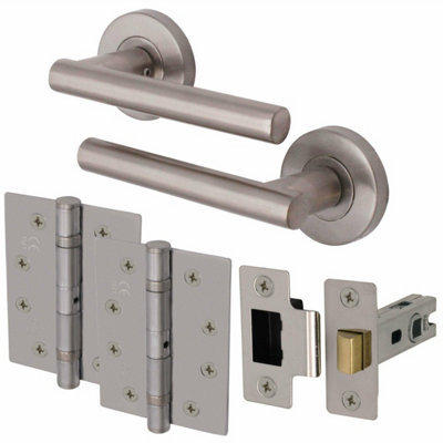 EAI Satin Door Handle T-Bar Lever on Backplate Latch Kit / Pack - 78mm Tubular Latch - 102mm Hinge - Satin Nickel