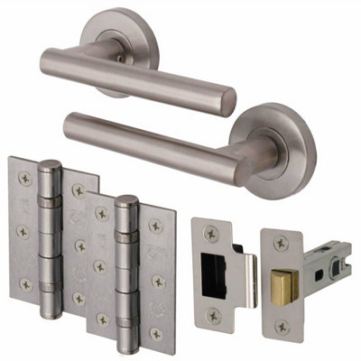 EAI Satin Door Handle T-Bar Lever on Rose Latch Kit / Pack - 64mm Latch 76mm Hinges - Satin Nickel