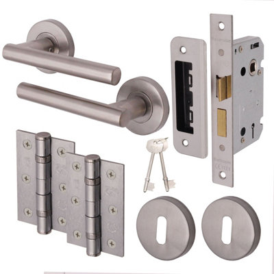 EAI Satin Door Handle T-Bar Lever on Rose Lock Kit / Pack - 64mm Sash Lock & 76mm Hinges - Satin Nickel