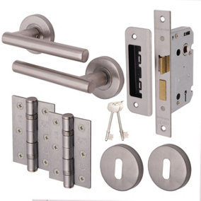 EAI Satin Door Handle T-Bar Lever on Rose Lock Kit / Pack - 66mm Sash Lock & 76mm Hinges - Satin Nickel