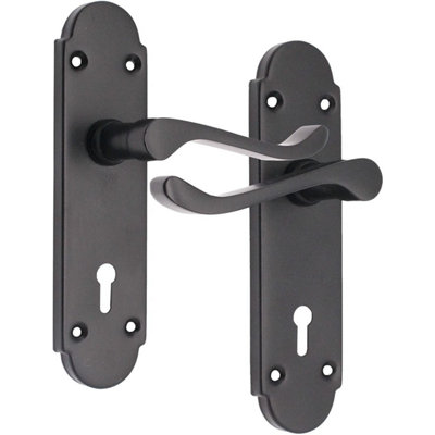 EAI - Shaped Victorian Scroll Door Handles Lock Summer Pattern - 170mm - Matt Black