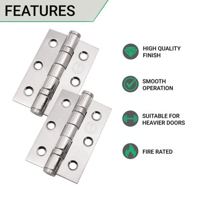 EAI Stainless Ball Bearing Hinges Grade 7 - 76x50x2mm - Square Corners - Polished - Pair Including Screws
