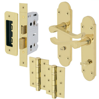 EAI - Summer Scroll Lever on Backplate Bathroom Kit / Pack - 66mm Lock - 76mm Hinges - Electro Brass