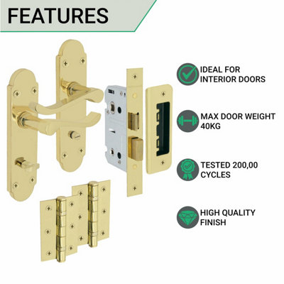 EAI - Summer Scroll Lever on Backplate Bathroom Kit / Pack - 66mm Lock - 76mm Hinges - Electro Brass