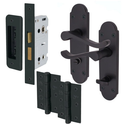 EAI - Summer Scroll Lever on Backplate Bathroom Kit / Pack - 66mm Lock - 76mm Hinges - Matt Black