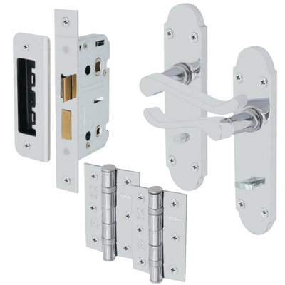 EAI - Summer Scroll Lever on Backplate Bathroom Kit / Pack - 66mm Lock - 76mm Hinges - Polished Chrome