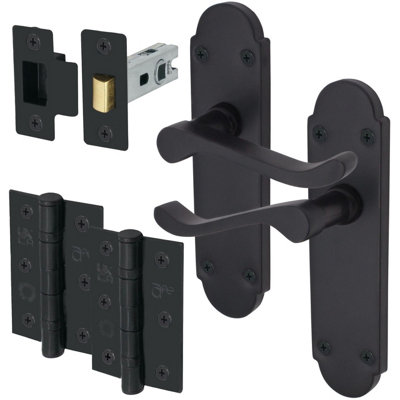 EAI - Summer Scroll Lever on Backplate Latch Kit / Pack - 66mm Latch - 76mm Hinges - Matt Black