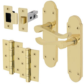 EAI - Summer Scroll Lever on Backplate Latch Kit / Pack - 66mm Latch - 76mm Hinges - Polished Brass