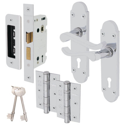 EAI - Summer Scroll Lever on Backplate Lock Kit / Pack - 66mm Lock - 76mm Hinges - Polished Chrome