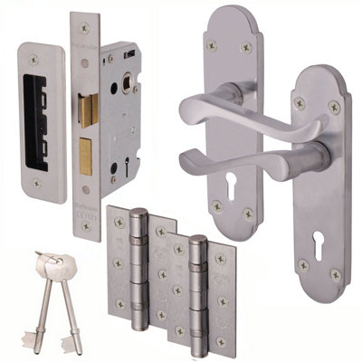 EAI - Summer Scroll Lever on Backplate Lock Kit / Pack - 66mm Lock - 76mm Hinges - Satin Chrome