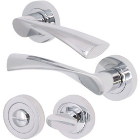 EAI - Swept Door Handle and Bathroom Thumb Turn Lock - 140mm x 50mm - Polished Chrome