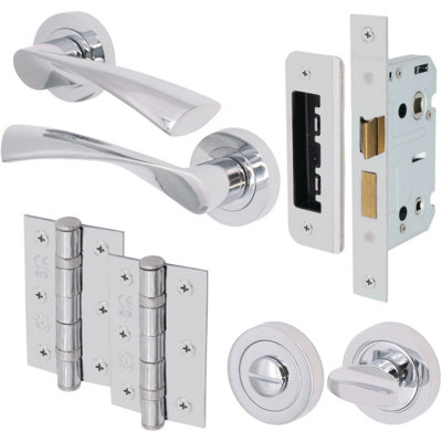 EAI - Swept Lever on Rose Handles Bathroom Kit / Pack - 66mm Bathroom Lock - 76mm Hinge - Polished Chrome