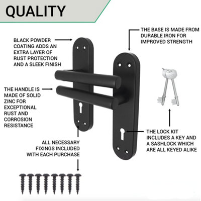 EAI T-Bar Lever On Backplate - Sash Lock Kit - 64mm Lock & 76mm Hinge - Matt Black