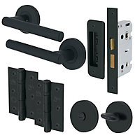 EAI - T-Bar Lever on Rose Handles Bathroom Kit / Pack - 66mm Bathroom Lock - 76mm Hinge - Matt Black